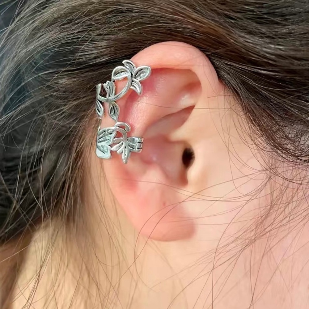 Ear Cuff Earring Womens Adjustable Non-Piercing Leaf & Flower Sterling Plated
